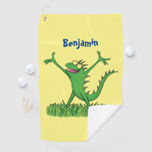 Funny green glimlach animated iguana lizard golfhanddoek (Insitu)