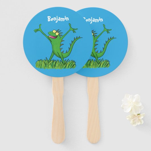 Funny green glimlach animated iguana lizard handwaaier (Voorkant en achterkant)