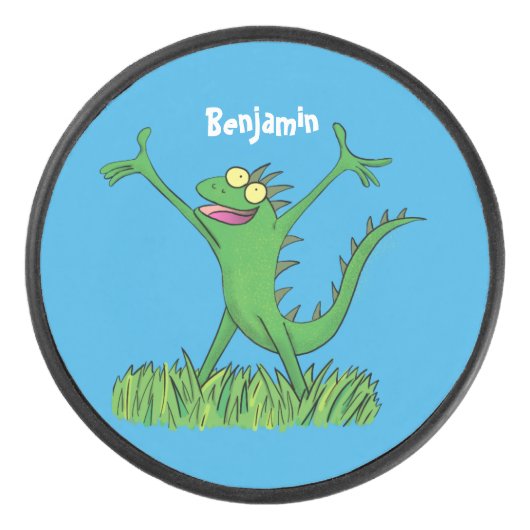 Funny green glimlach animated iguana lizard hockey puck (Voorkant)
