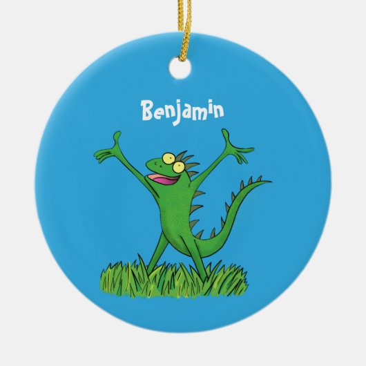 Funny green glimlach animated iguana lizard keramisch ornament (Voorkant)