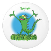 Funny green glimlach animated iguana lizard keramische knop (Voorkant)