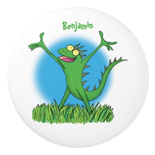 Funny green glimlach animated iguana lizard keramische knop (Voorkant)
