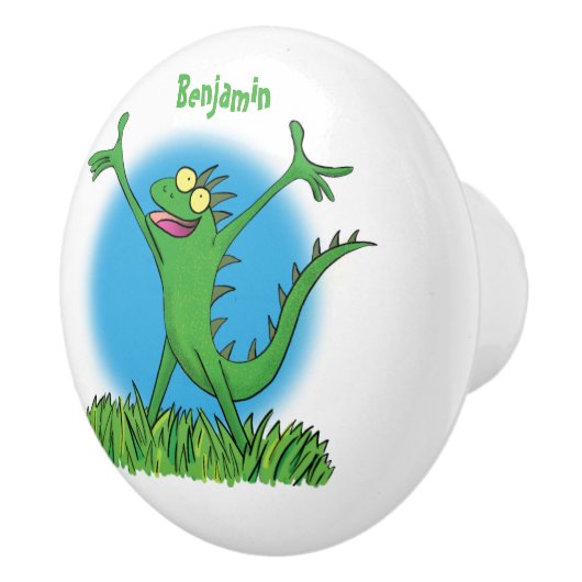 Funny green glimlach animated iguana lizard keramische knop (Rechts)