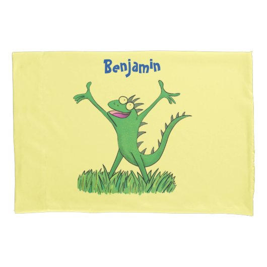 Funny green glimlach animated iguana lizard kussensloop (Voorkant)