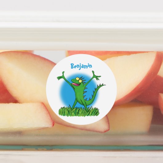 Funny green glimlach animated iguana lizard labels (Aangebracht)