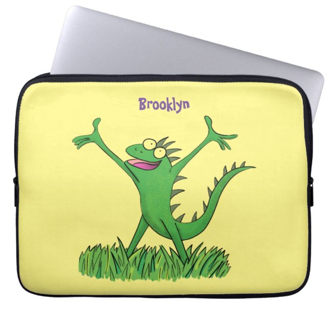 Funny green glimlach animated iguana lizard laptop sleeve (Voorkant)