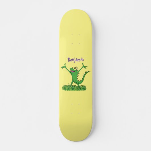 Funny green glimlach animated iguana lizard persoonlijk skateboard (Voorkant)