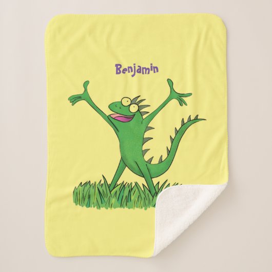 Funny green glimlach animated iguana lizard sherpa deken (Voorkant)