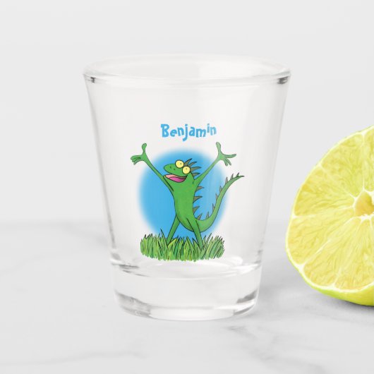 Funny green glimlach animated iguana lizard shot glas (Voorkant)
