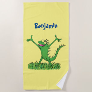 Funny green glimlach animated iguana lizard strandlaken