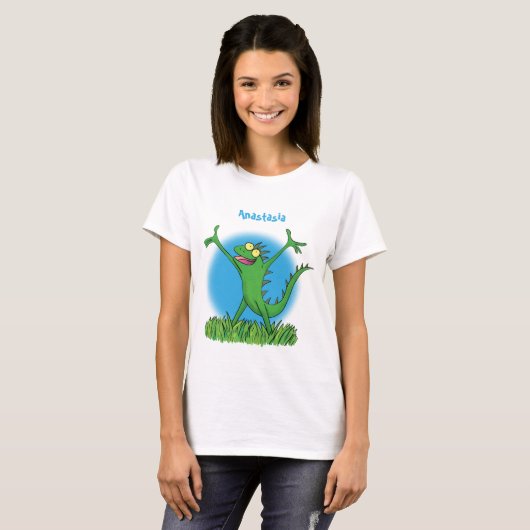 Funny green glimlach animated iguana lizard t-shirt (Voorkant volledig)