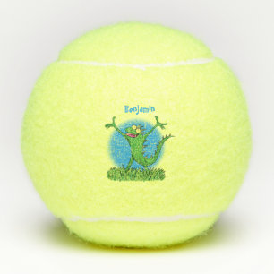 Funny green glimlach animated iguana lizard tennisballen