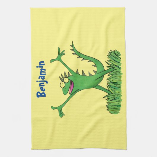 Funny green glimlach animated iguana lizard theedoek (Verticaal)