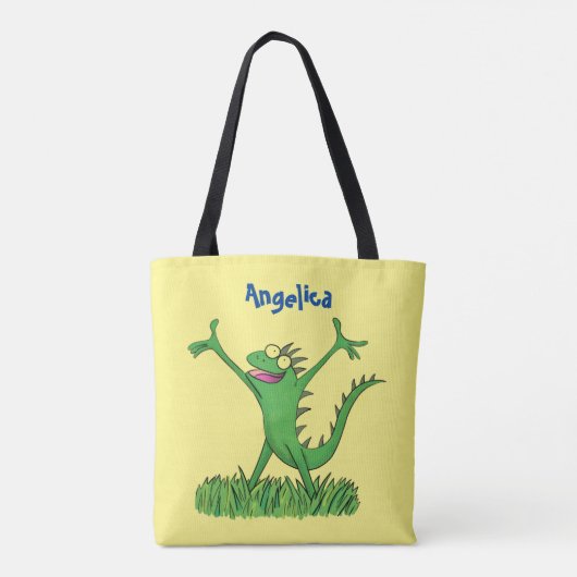 Funny green glimlach animated iguana lizard tote bag (Achterkant)