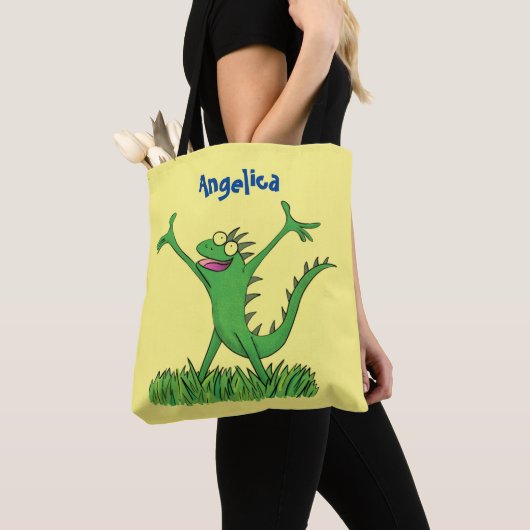 Funny green glimlach animated iguana lizard tote bag (Dichtbij)