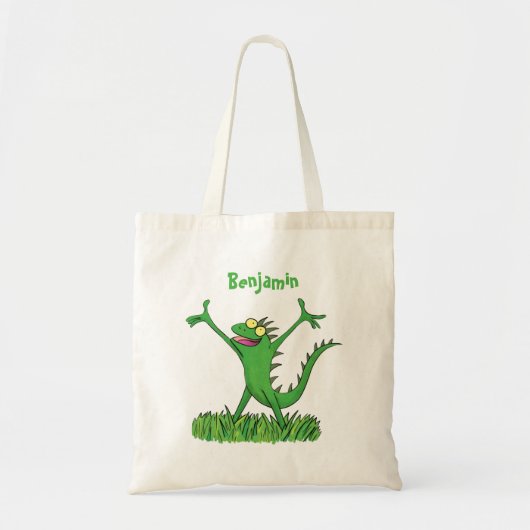 Funny green glimlach animated iguana lizard tote bag (Voorkant)