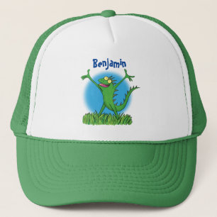 Funny green glimlach animated iguana lizard trucker pet