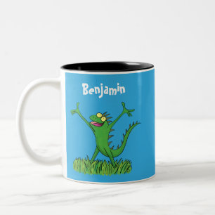 Funny green glimlach animated iguana lizard tweekleurige koffiemok