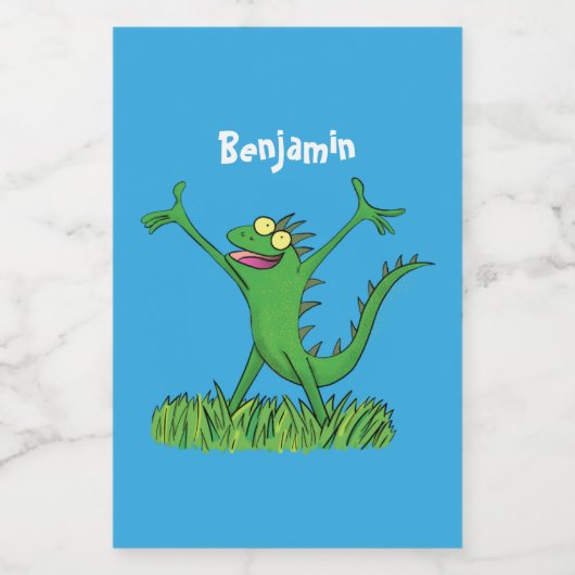 Funny green glimlach animated iguana lizard voedselcontainer etiket (Enkel label)