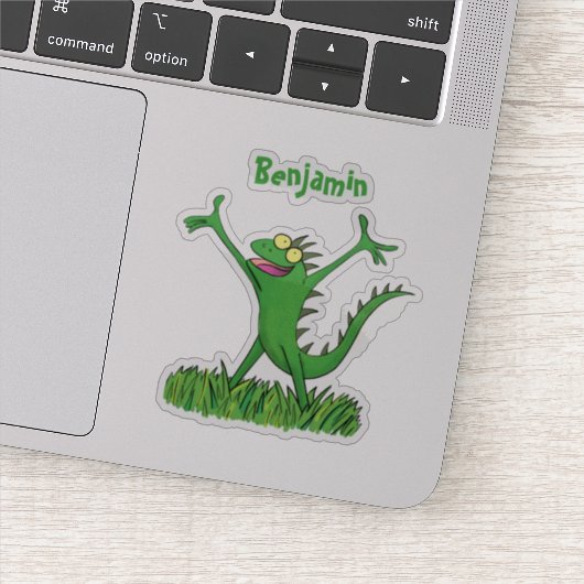 Funny green iguana lizard cartoon sticker (Detail)