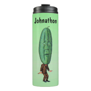 Funny Green Pickle Head Man die Suit Green draagt Thermosbeker