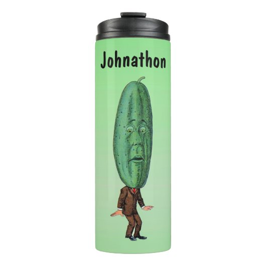Funny Green Pickle Head Man die Suit Green draagt Thermosbeker (Voorkant)