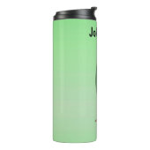 Funny Green Pickle Head Man die Suit Green draagt Thermosbeker (Gedraaid links)