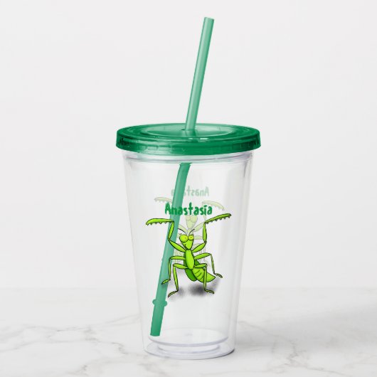 Funny green praing mantis cartoon illustratie acryl drinkbeker (Achterkant)