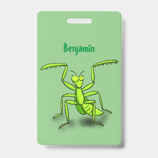 Funny green praing mantis cartoon illustratie badge (Voorzijde)