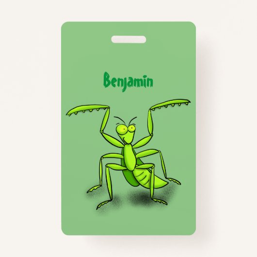Funny green praing mantis cartoon illustratie badge (Voorkant)