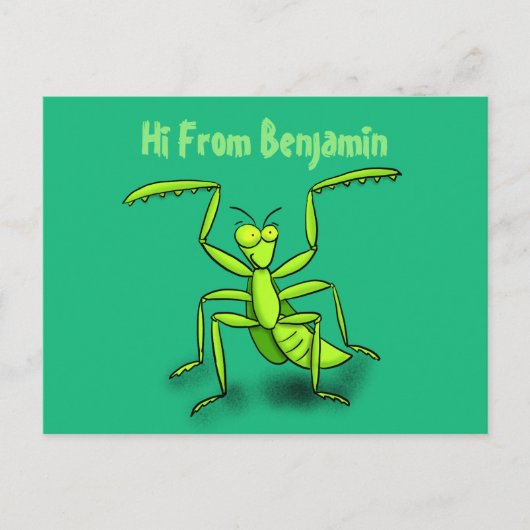 Funny green praing mantis cartoon illustratie briefkaart (Voorkant)