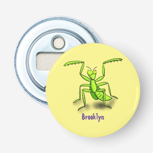 Funny green praing mantis cartoon illustratie button flesopener (Voorkant)