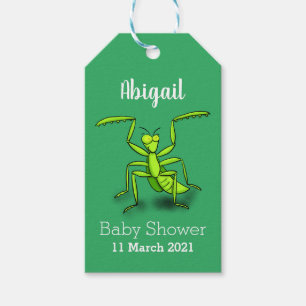 Funny green praing mantis cartoon illustratie cadeaulabel