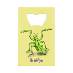 Funny green praing mantis cartoon illustratie creditkaart flessenopener