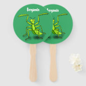 Funny green praing mantis cartoon illustratie handwaaier (Voorkant en achterkant)
