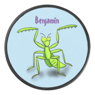 Funny green praing mantis cartoon illustratie hockey puck
