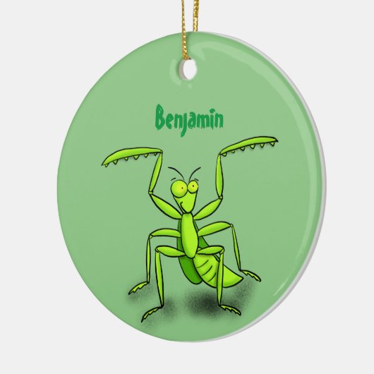 Funny green praing mantis cartoon illustratie keramisch ornament (Links)