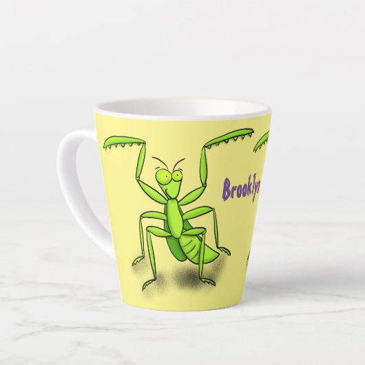 Funny green praing mantis cartoon illustratie latte mok (Linkerhoek)