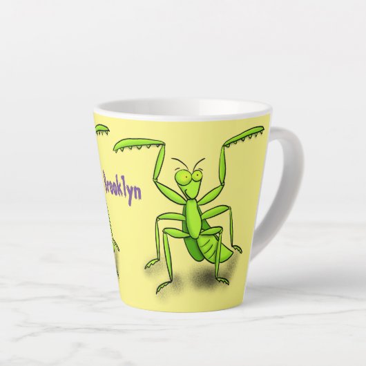 Funny green praing mantis cartoon illustratie latte mok (Rechterhoek)