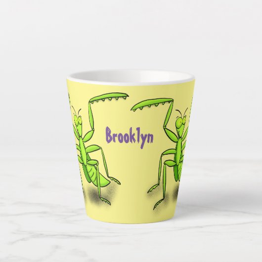 Funny green praing mantis cartoon illustratie latte mok (Voorkant)