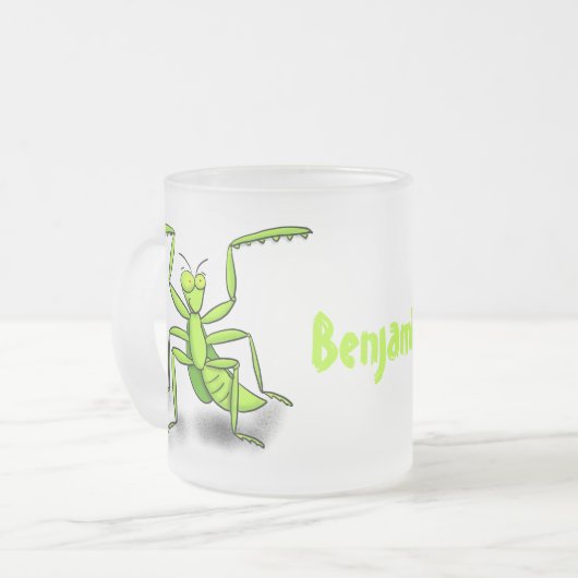 Funny green praing mantis cartoon illustratie matglas koffiemok (Voorkant links)