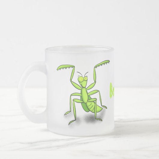 Funny green praing mantis cartoon illustratie matglas koffiemok (Links)