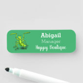 Funny green praing mantis cartoon illustratie naamplaatje (In situ)