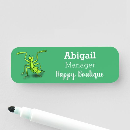 Funny green praing mantis cartoon illustratie naamplaatje (In situ)