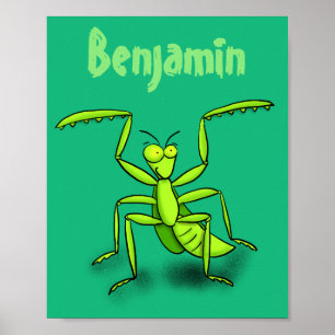 Funny green praing mantis cartoon illustratie poster