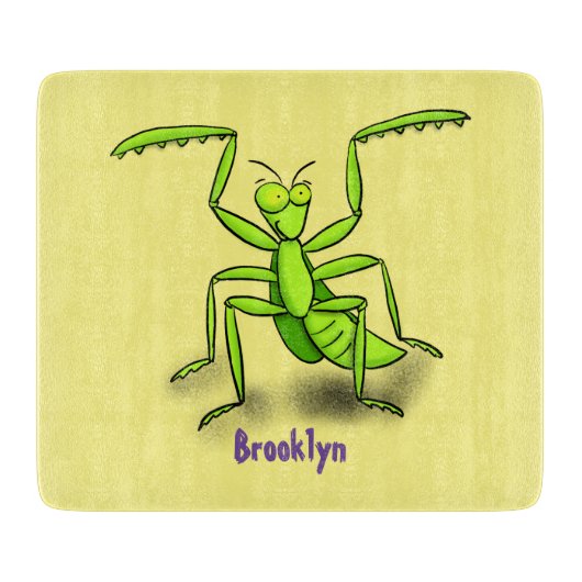 Funny green praing mantis cartoon illustratie snijplank (Voorkant)