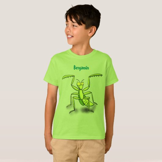 Funny green praing mantis cartoon illustratie t-shirt (Voorkant volledig)