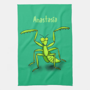 Funny green praing mantis cartoon illustratie theedoek