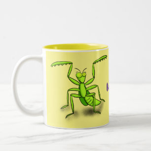 Funny green praing mantis cartoon illustratie tweekleurige koffiemok