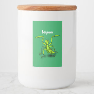 Funny green praing mantis cartoon illustratie voedselcontainer etiket